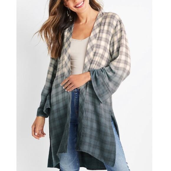 New Without Tags Maurice Faded Plaid Kimono Duster - Picture 1 of 7